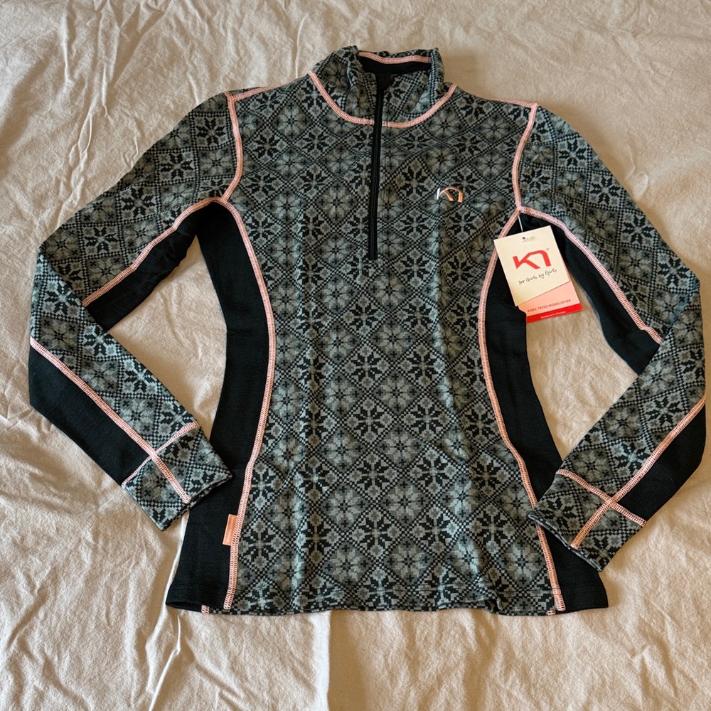 Kari Traa Merino Wool blue/green Patterned Sweater with Pink Trim
